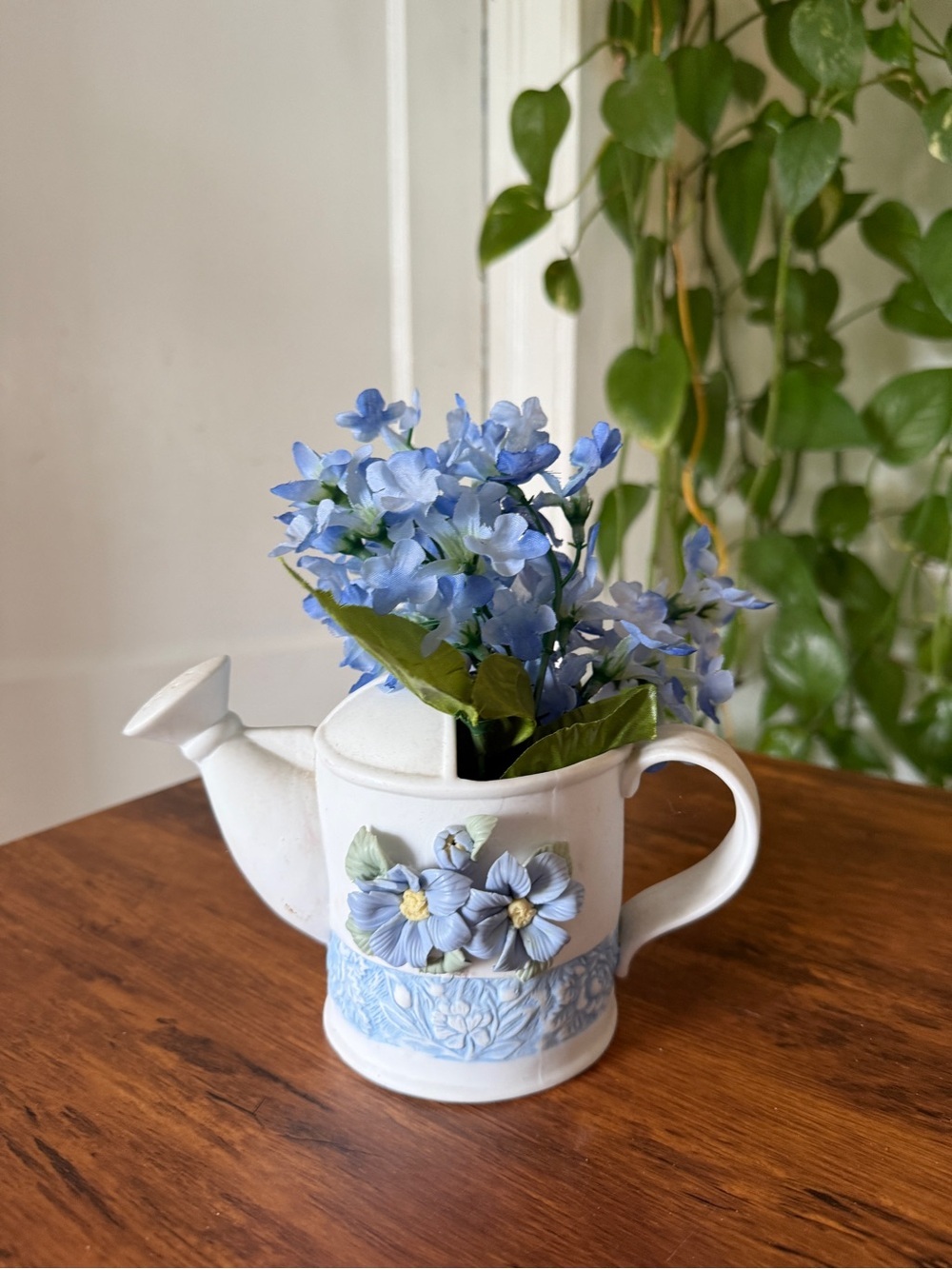 White Ceramic Watering Can Vase with Light Blue Floral Accents
